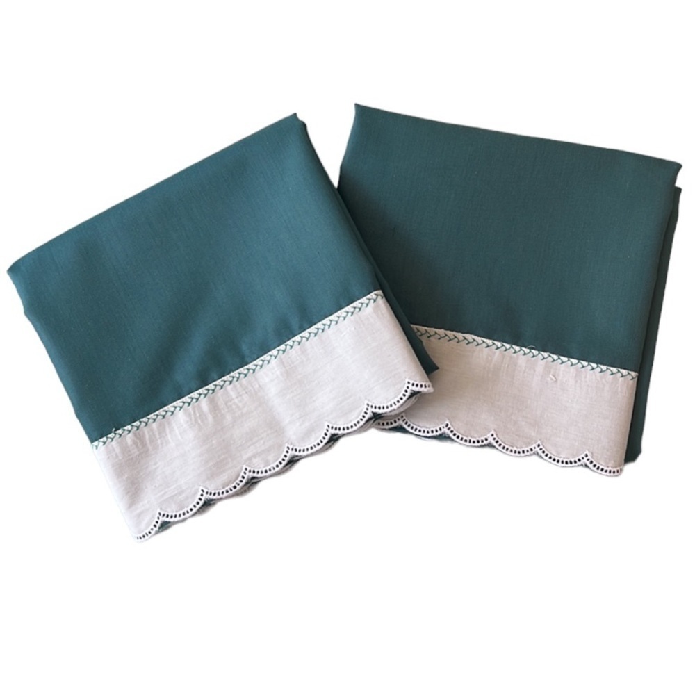 Vintage Green Pillowcase Set Scalloped Eyelet Trim Cottage Style